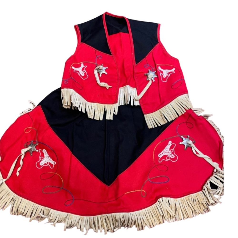Vintage 50’s lil girl cowgirl rodeo red fringe kid texas dress vest skirt rodeo